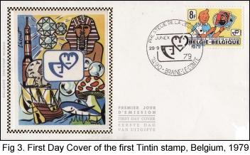 First Day Cover of the first Tintin stamp, Belgium, 1979
