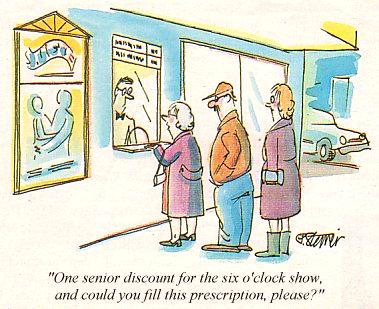 Cartoon: Senior buys Movie ticket and drug prescription?