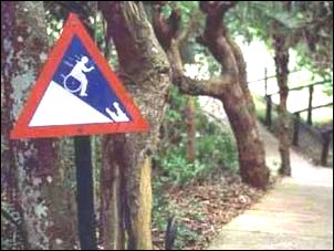 Warning sign for people in wheelchairs: Steep Slope Ahead