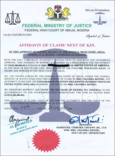 Bogus Nigerian Affidavit of Claim