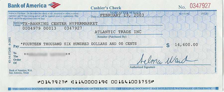 cashiers check bank of america fee