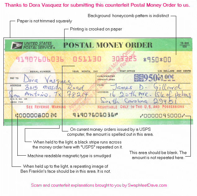 Counterfeit Postal Money Order with full explanation of security features.