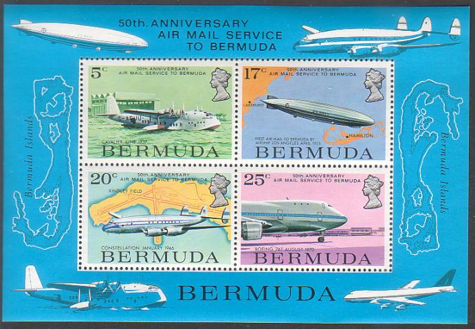 Bermuda ~ 50th Anniv of Airmail ~ Souvenir sheet of 4 ~ 1975
