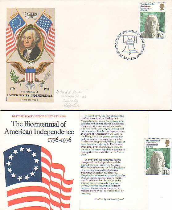 UK first day cover (FDC) for American Bicentennial of Independence, June 2, 1976