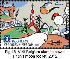 Visit Belgium stamp shows Tintin moon rocket, 2012