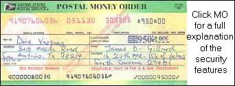 Counterfeit Postal Money Order. Click for full explanation of security features.