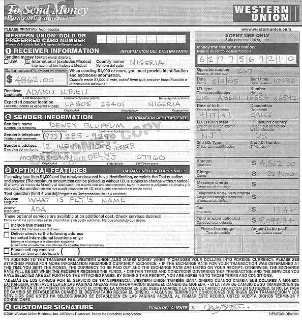 Western Union money transfer form